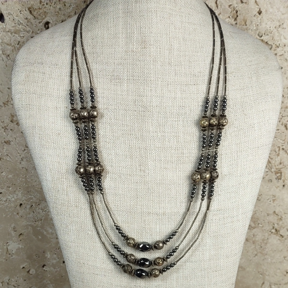 Vintage Triple Strand Silver/Hematite Bead Necklace